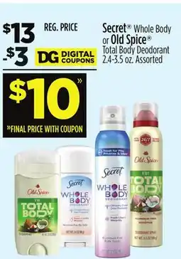 Dollar General Secret Whole Body or Old Spice Total Body Deodorant offer