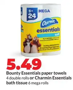 Hy-Vee Bounty Essentials paper towels 4 double rolls or Charmin Essentials bath tissue 6 mega rolls offer
