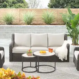 Walmart Better Homes & Gardens River Oaks Outdoor Sofa & 2 Nesting Tables with Patio Cover, Dark Brown offer