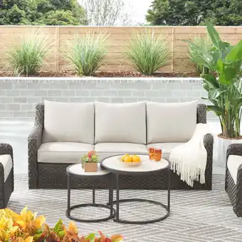 Walmart Better Homes & Gardens River Oaks Outdoor Sofa & 2 Nesting Tables with Patio Cover, Dark Brown offer