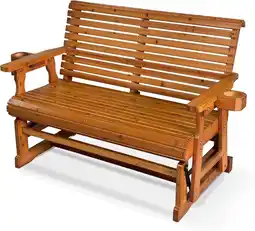Walmart Home Shark Outdoor Wood Glider with High Roll Back and Cup Holders, Heavy Duty 800 lbs, Teak Tone offer