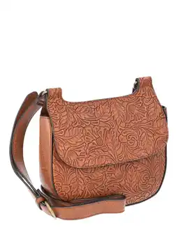 Walmart The Pioneer Woman Tooled Faux Leather Saddle Bag with Crossbody Strap, Cognac, Womens offer