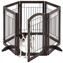 Walmart Yaheetech 32'' H 6-Panel Pet Gate with Wood and Wire, Espresso offer