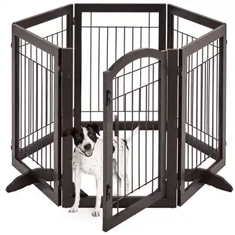 Walmart Yaheetech 32'' H 6-Panel Pet Gate with Wood and Wire, Espresso offer