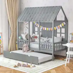 Walmart Gymax Twin Size House Bed with Trundle Fence Decor Wooden Windows Tall Roof Gray offer
