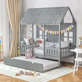 Walmart Gymax Twin Size House Bed with Trundle Fence Decor Wooden Windows Tall Roof Gray offer