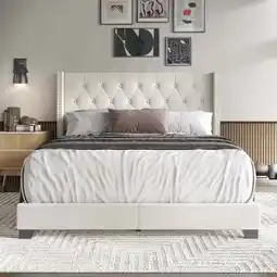 Walmart Castle Place Nailhead Trim Wingback Linen Upholstered Bed, Warm Grey , Twin offer