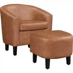Walmart Renwick Barrel Accent Chair with Ottoman, Brown Faux Leather offer