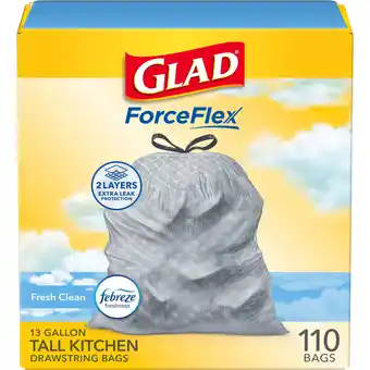 Walmart Glad ForceFlex Drawstring Trash Bags, 13 Gallon, Fresh Clean, 110 Count offer