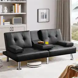Walmart Renwick Modern Faux Leather Futon Sofa Bed Convertible Folding Couch with Cup Holders, Black offer