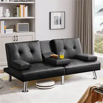 Walmart Renwick Modern Faux Leather Futon Sofa Bed Convertible Folding Couch with Cup Holders, Black offer