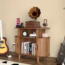 Walmart Record Player Stand with Sliding Door, Vinyl Record Storage Cabinet, Record Player Table offer