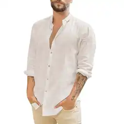 Walmart KTMKH Linen Shirt for Men Casual Solid Shirt Long Sleeve Button Turn-Down Collar Tops Shirt offer