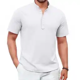 Walmart Mens Cotton Linen Henley Shirt Short Sleeve Casual Summer Beach Hippie Tee for Vacation offer