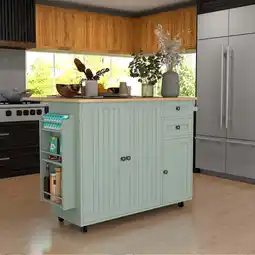 Walmart HLR 50.39 Kitchen Island with Storage, Wood Top Cart with Drop Leaf and Wheels, Green offer