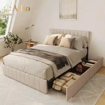 Walmart Aiho Bed Frame Full with 4 Storage Drawers for Bedroom, Beige offer