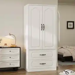 Walmart PPorfamilia 2 Door Wardrobe, Wooden Armoire with Hanging Rod and Drawers for Bedroom, White offer