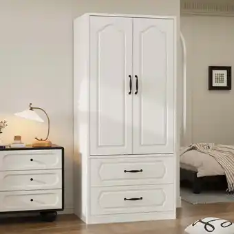 Walmart PPorfamilia 2 Door Wardrobe, Wooden Armoire with Hanging Rod and Drawers for Bedroom, White offer