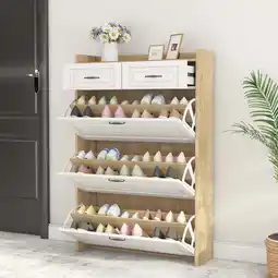 Walmart Kadyn Shoe Rack with 3 Doors, Shoe Organizer, White & Oak Color Shoe Cabinet with 2 Drawers offer