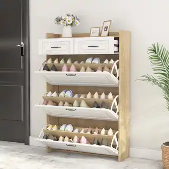 Walmart Kadyn Shoe Rack with 3 Doors, Shoe Organizer, White & Oak Color Shoe Cabinet with 2 Drawers offer