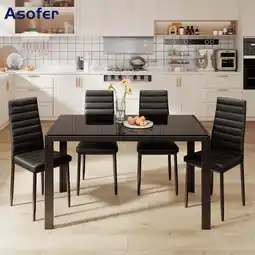 Walmart Asofer 5 Piece Dining Table Sets for 4, Glass Kitchen Table, PU Leather Chair, Dining Room, Black offer