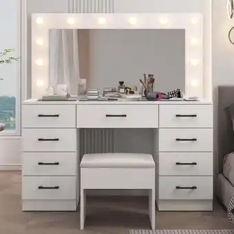 Walmart Ktaxon Large Makeup Vanity, Vanity Table Set w/ Visible Glass Top w/ Charging Station, White offer