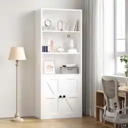 Walmart IRONCK 5 Shelf Bookcases with Doors, Farmhouse Storage Cabinet for Home Office, White offer