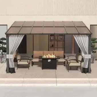 Walmart ALAULM Gazebo Hardtop Lean-to Pergola with Curtains and Netting Gray 10' x 14' offer
