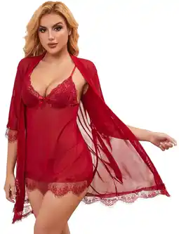 Walmart LOFIR Women Sexy Lingerie Set 3 Piece Lace Kimono Robe Strap Chemise Sleepwear Mesh Nightgown offer