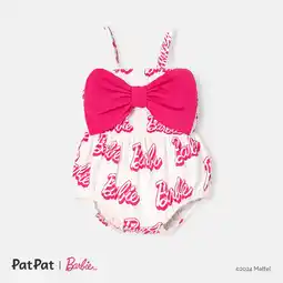 Walmart Barbie Baby Girls 1pc 95% Cotton Allover Letter Print Bow Front Cami Romper Size 0-24 Months offer