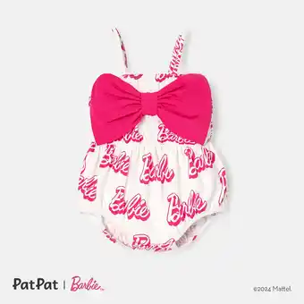 Walmart Barbie Baby Girls 1pc 95% Cotton Allover Letter Print Bow Front Cami Romper Size 0-24 Months offer
