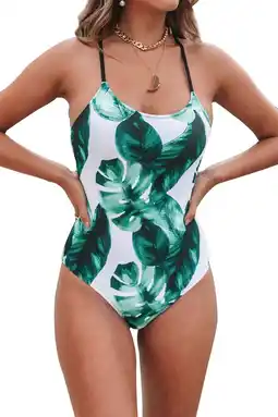 Walmart Cupshe Women's Tropical Leaf Print Lined Lace Up Back One Piece Swimsuit offer