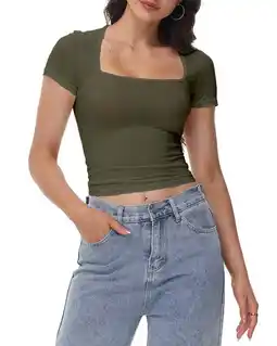 Walmart Women's Square Neck Short Sleeve T-Shirt Double Lined Basic Slim Fit Tee for Casual Wear offer