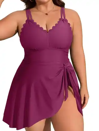 Walmart Asoul Womens Plus Size Scalloped V Neck One Piece Swimsuits Side Tie Knot Swimdress Bathing Suits offer