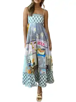 Walmart Sunwanar Women Linen Long Cami Dress Ethnic Snake Print Spaghetti Strap Sleeveless Maxi Beach Dress offer