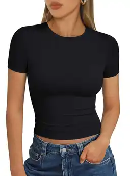 Walmart SUNBS Women's T Shirts Scoop Neck Short Sleeve Crop Tops Slim Fit Y2K Summer Tops offer