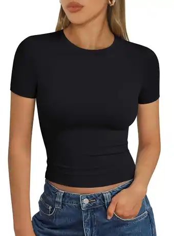 Walmart SUNBS Women's T Shirts Scoop Neck Short Sleeve Crop Tops Slim Fit Y2K Summer Tops offer