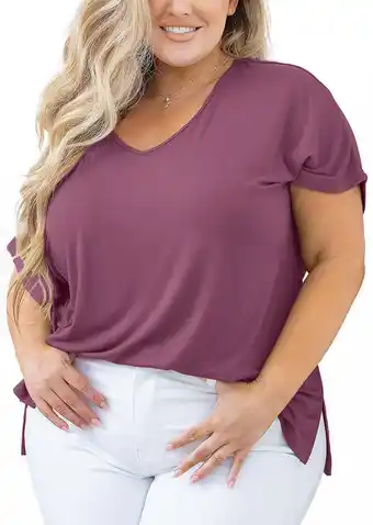 Walmart SHOWMALL Women Plus Size T Shirts Short Sleeve Tunic Side Slit Tops Summer V-Neck Blouse Purple 3X offer