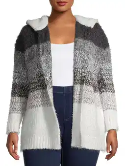 Walmart Absolutely Famous Women's Plus Size Ombre Stripe Super Soft Cardigan with Faux Shearling Lined Hood offer