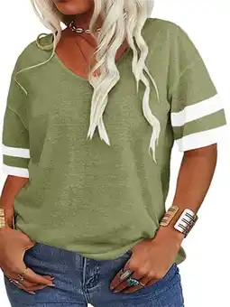 Walmart Langwyqu Plus Size Women V-Neck Short Sleeve Striped T Shirt offer