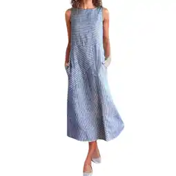 Walmart Mchoice Women Vintage Linen Dresses Casual Loose Crew Neck Striped Sleeveless Long Dress with Pocket offer