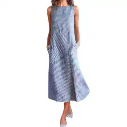 Walmart Mchoice Women Vintage Linen Dresses Casual Loose Crew Neck Striped Sleeveless Long Dress with Pocket offer