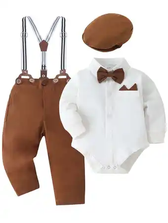 Walmart CARETOO Baby Boy Clothes Formal Suit Infant Shirt Hat Suspender Pants Tie 0-18M Cotton Fabric 3pcs offer
