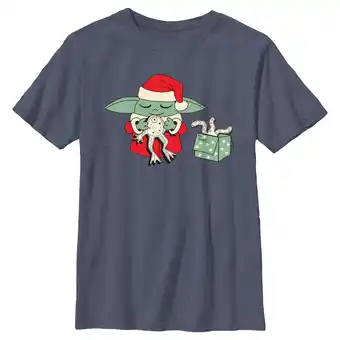 Walmart Boy's Star Wars: The Mandalorian Grogu Frog Present Graphic Tee Navy Blue Heather Small offer