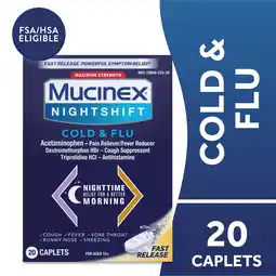 Walmart Mucinex Nightshift Cold and Flu Medicine, Fever Reducer, OTC Nighttime Cough Relief, 20 Caplets offer