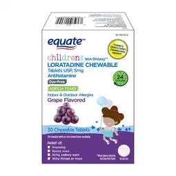 Walmart Equate Children's Dye-Free Non-Drowsy Loratadine Grape Flavor Chewable Tablets, 5 mg, 30 Count offer