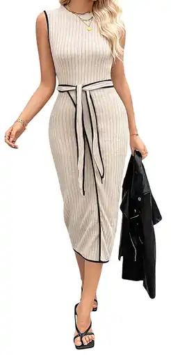 Walmart MLDRA Women's Contrast Binding Rib Knit Tank Dress Split Hem Mock Neck Belted Bodycon Dresses offer