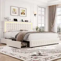 Walmart Homfa Queen Size LED Bed Frame with 4 Drawers, Velvet Platform Bed with Built-in USB Ports, Beige offer