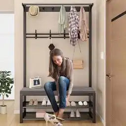 Walmart ANJORALA 4-in-1 Coat Rack with Bench, Industrial Entryway Hall Tree with 2 Tier Shoe Rack,Black offer