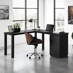 Walmart Sauder Northcott L-Shaped Desk with Drawers, Bourbon Oak Finish offer